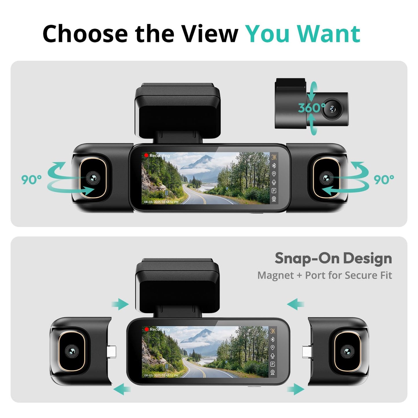 BOTSLAB 3K 4 Channel Dash Cam, 3K/4K Front and 3 * 1080p Car Camera Left Right Rear with 560°Wide Angle, 24/7 Parking Mode, Built-in 5.8GHz WiFi and GPS, Voice Control,WDR, Included 128GB SD Card