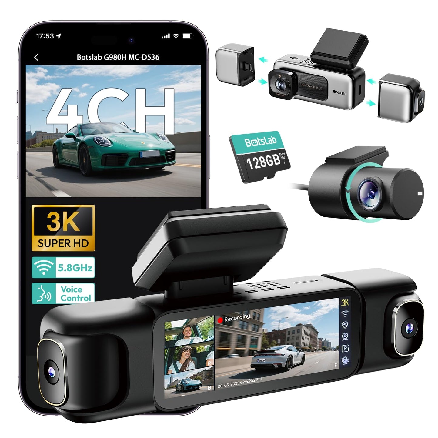 BOTSLAB 3K 4 Channel Dash Cam, 3K/4K Front and 3 * 1080p Car Camera Left Right Rear with 560°Wide Angle, 24/7 Parking Mode, Built-in 5.8GHz WiFi and GPS, Voice Control,WDR, Included 128GB SD Card