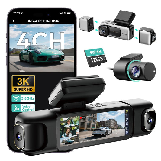 BOTSLAB 3K 4 Channel Dash Cam, 3K/4K Front and 3 * 1080p Car Camera Left Right Rear with 560°Wide Angle, 24/7 Parking Mode, Built-in 5.8GHz WiFi and GPS, Voice Control,WDR, Included 128GB SD Card
