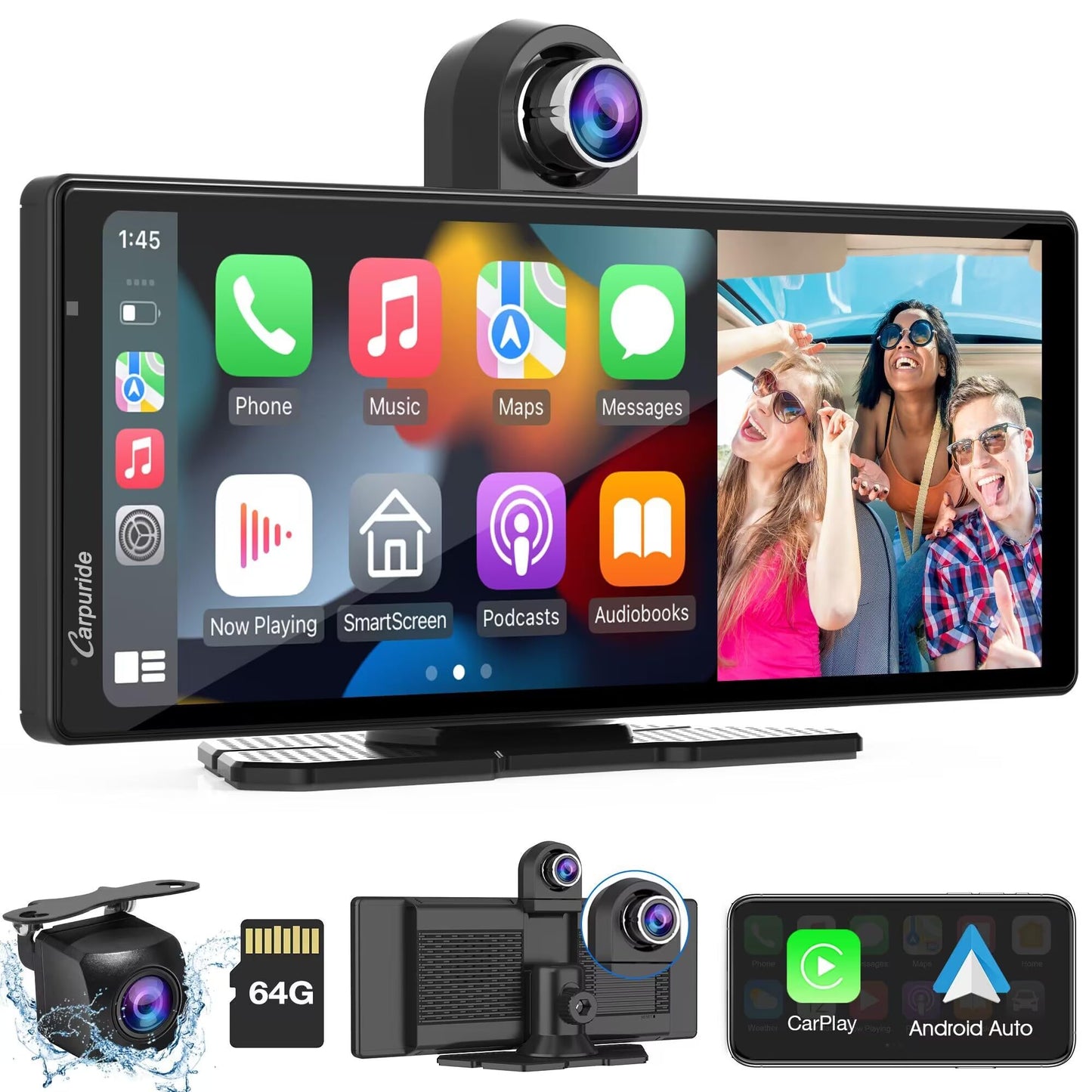 Carpuride W903 Portable Wireless Carplay & Android Auto with Dash Cam - 9.3" HD IPS Screen, 2.5K Front & Backup Camera, Loop Recording, Bluetooth, Mirror Link, GPS, Siri, Dashboard Mounted