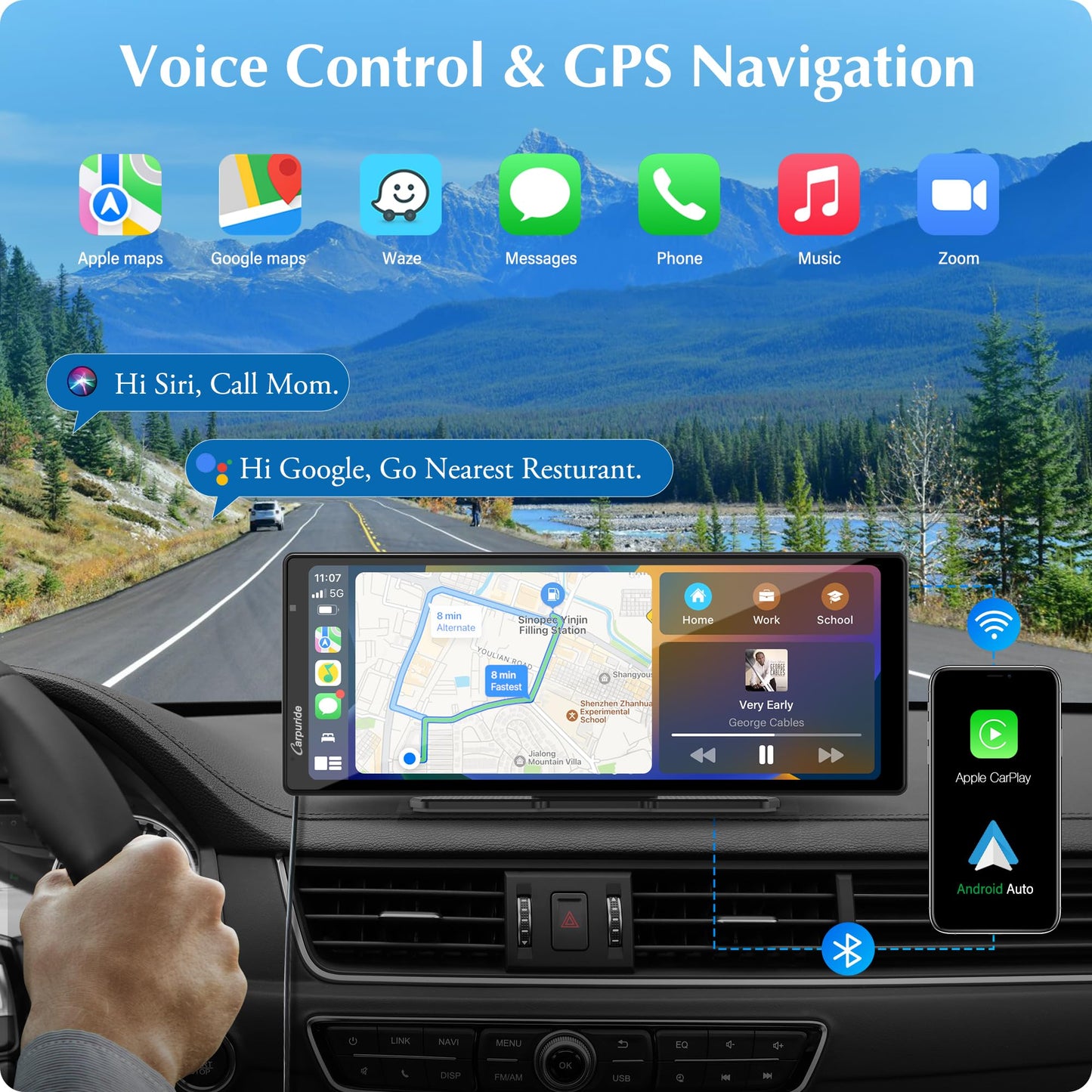 Carpuride W903 Portable Wireless Carplay & Android Auto with Dash Cam - 9.3" HD IPS Screen, 2.5K Front & Backup Camera, Loop Recording, Bluetooth, Mirror Link, GPS, Siri, Dashboard Mounted