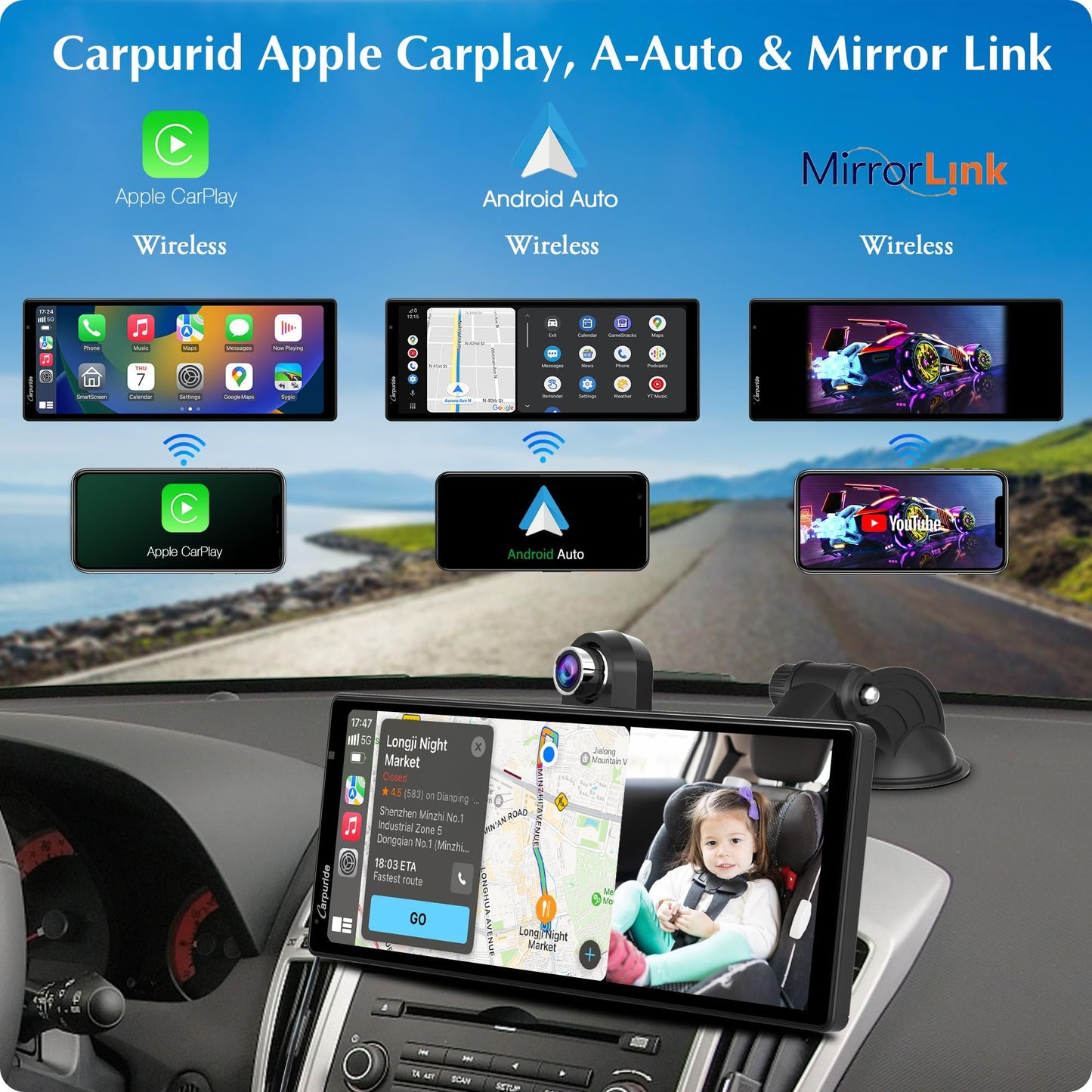 Carpuride W903 Portable Wireless Carplay & Android Auto with Dash Cam - 9.3" HD IPS Screen, 2.5K Front & Backup Camera, Loop Recording, Bluetooth, Mirror Link, GPS, Siri, Dashboard Mounted